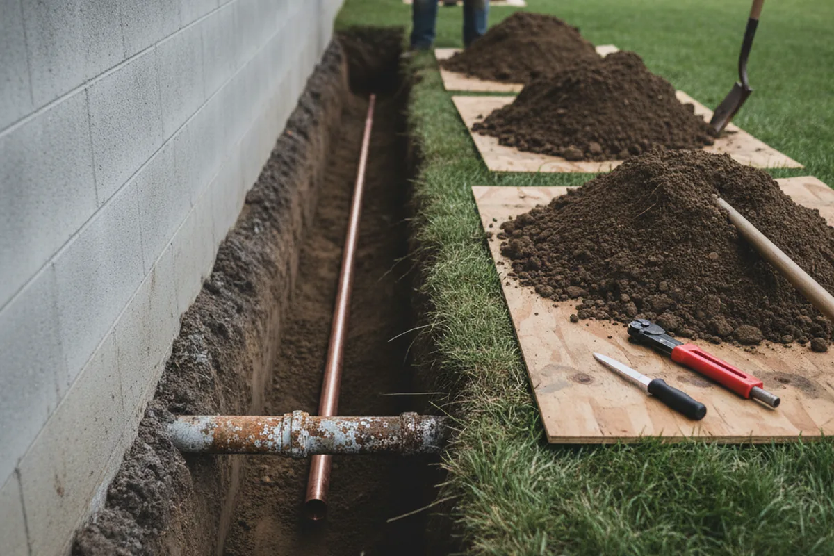 Excavated water line trench during Sewer Line Repair in Altha
